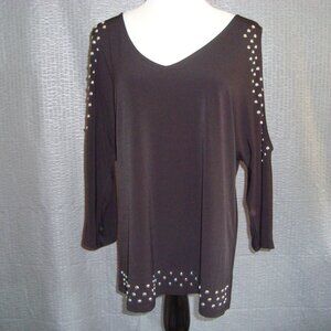 INC Black Studs Cold Shoulder 3/4 Sleeve V-Neck Front & Back Top L NWOT